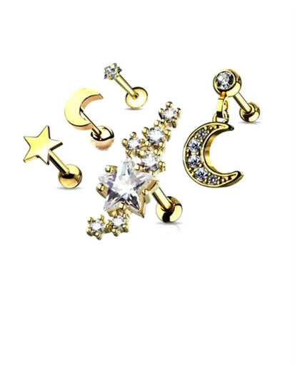 Surgical Steel 5 Piece Star and Moon Barbell Studs Labret, Cartilage Mix Set