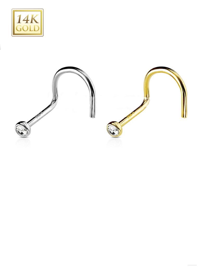 Bezel Set Clear 2mm Cubic Zirconia Ball w/ 14 Karat Solid Gold Nose Screw Ring